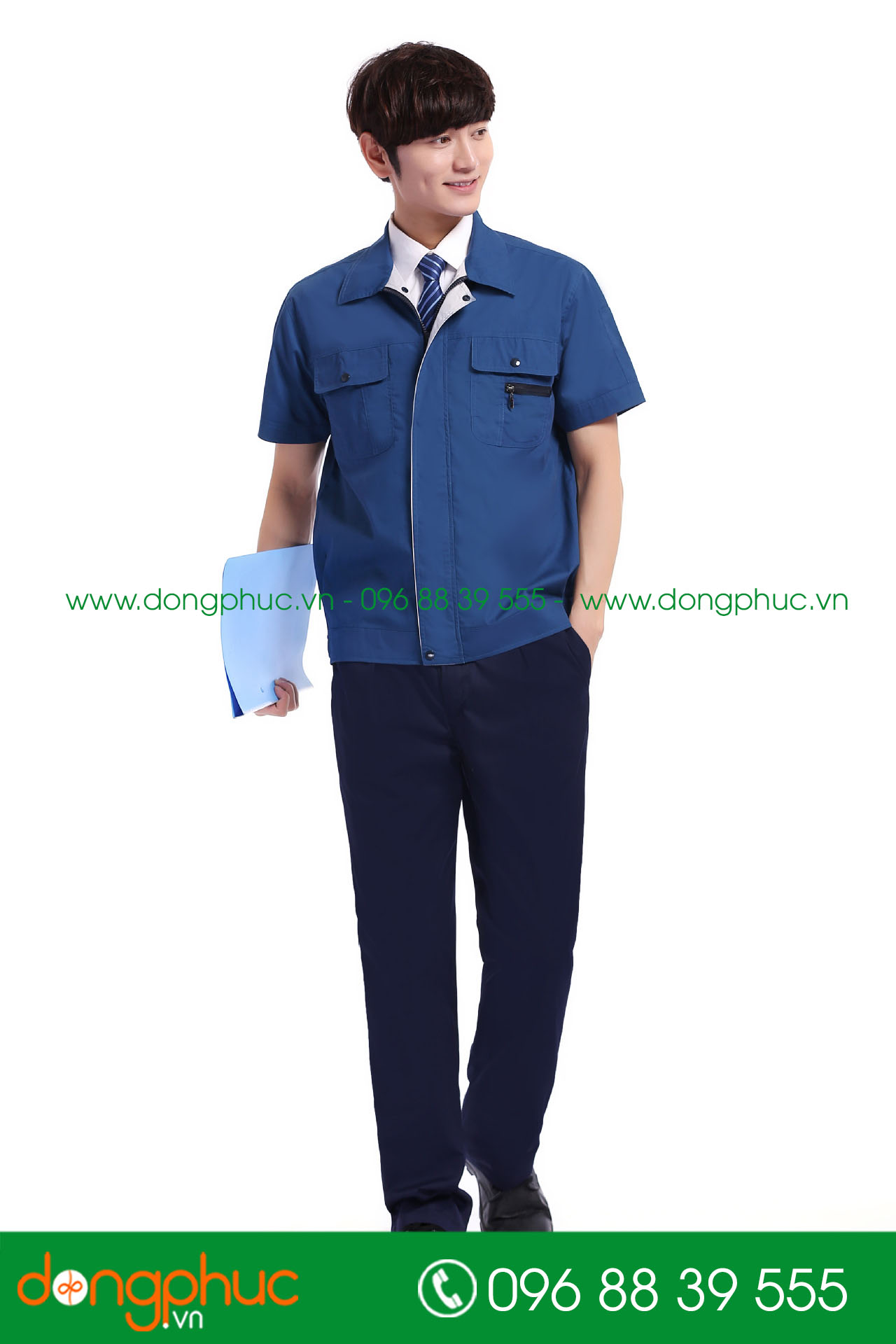 Mẫu bảo hộ màu xanh đậm phối ghi cộc tay